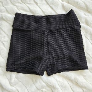 Textured Black Runched Booty Sculpting Active Shorts, Women's size Small